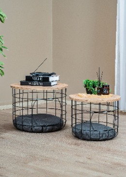 2 Li Kedi Yuvalı Sepet Sehpa Metal Gövde Ahşap tabla Minderli Orta Sehpa