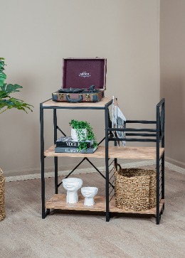 Plaklık Stand Dekoratif Metal Gövdeli Ahşap Raflı Pikap Gramafon Plak Düzenleyici